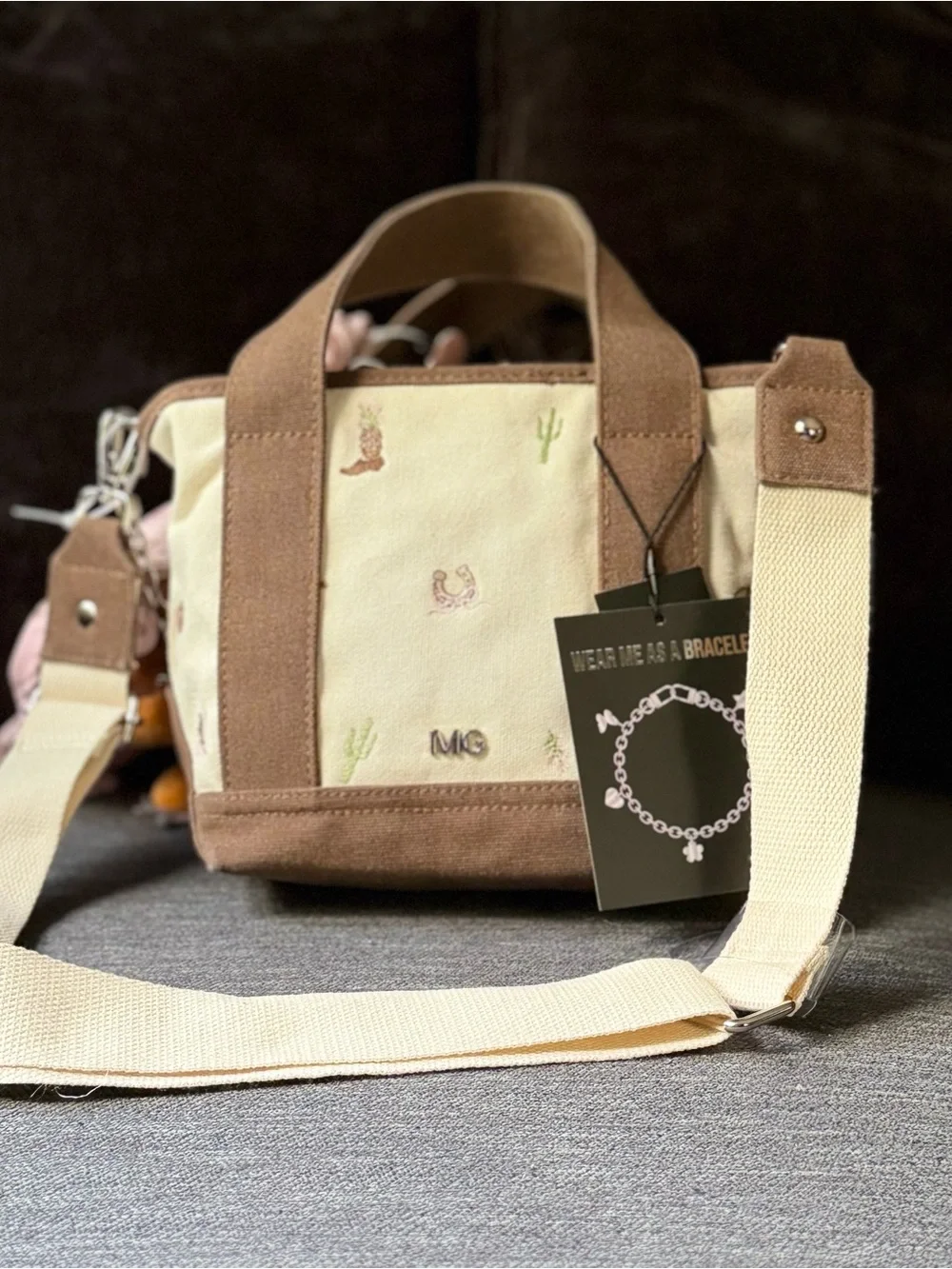 NWT Madden Girl Viral Mini Brown & Biege Canvas Tote Pink Scarf Plush Charm